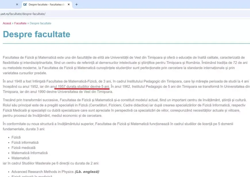 Istoricul Facultății de Matematică din cadrul UVT pe site-ul oficial al facultății timișorene