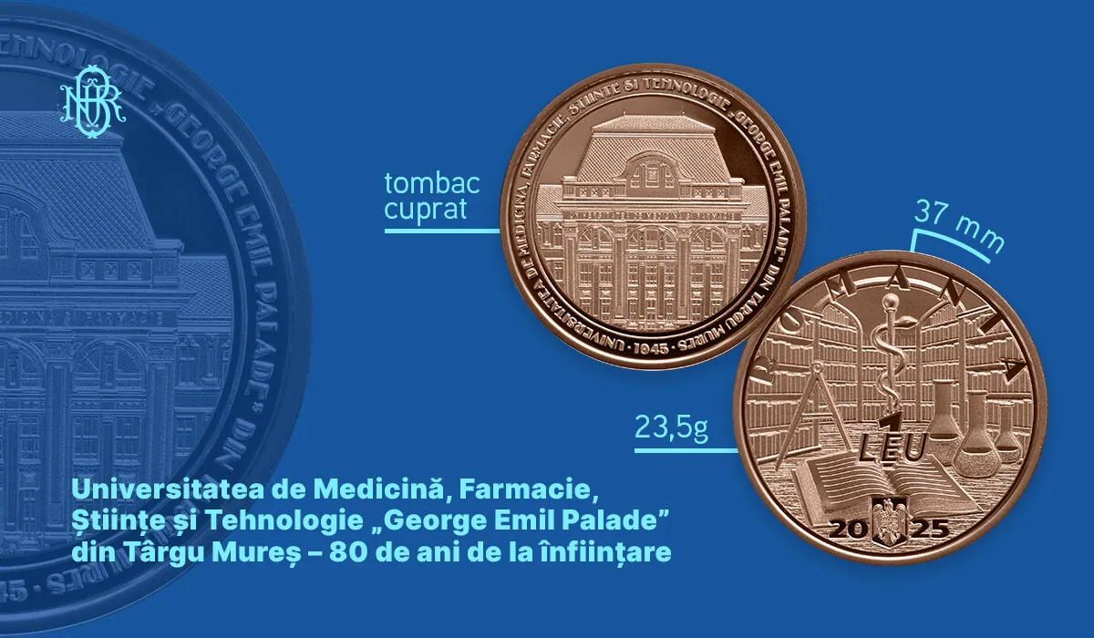 BNR lansează o monedă dedicată celor 80 de ani ai Universității 'George Emil Palade' din Târgu Mureș