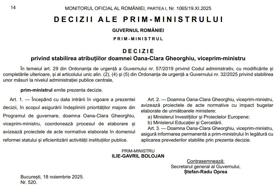 decizie monitorul oficial atributii oana gheorghiu