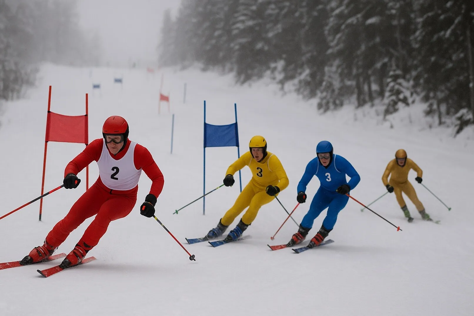 Competiție de schi pe Pârtia Centrală: Schiorul în roșu conduce la prima coborâre, trei urmăritori ambițioși