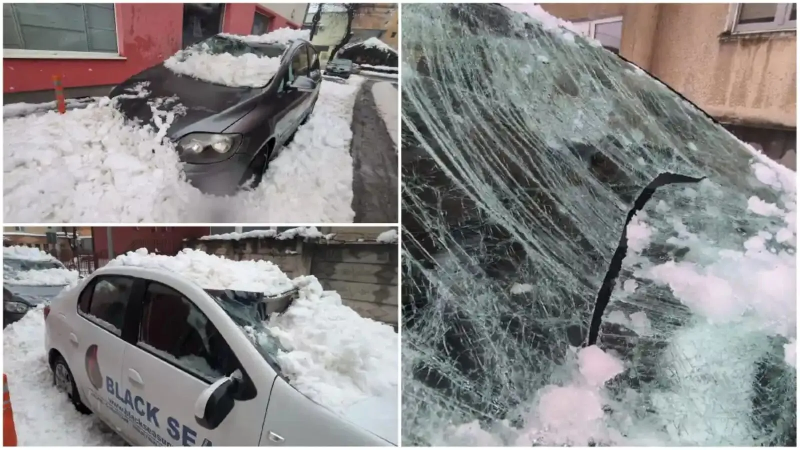 VIDEO FOTO Pericol pentru șoferi și pietoni din Alba Iulia: mașini grav avariate după ce bucăți de gheață s-au desprins de pe acoperișuri