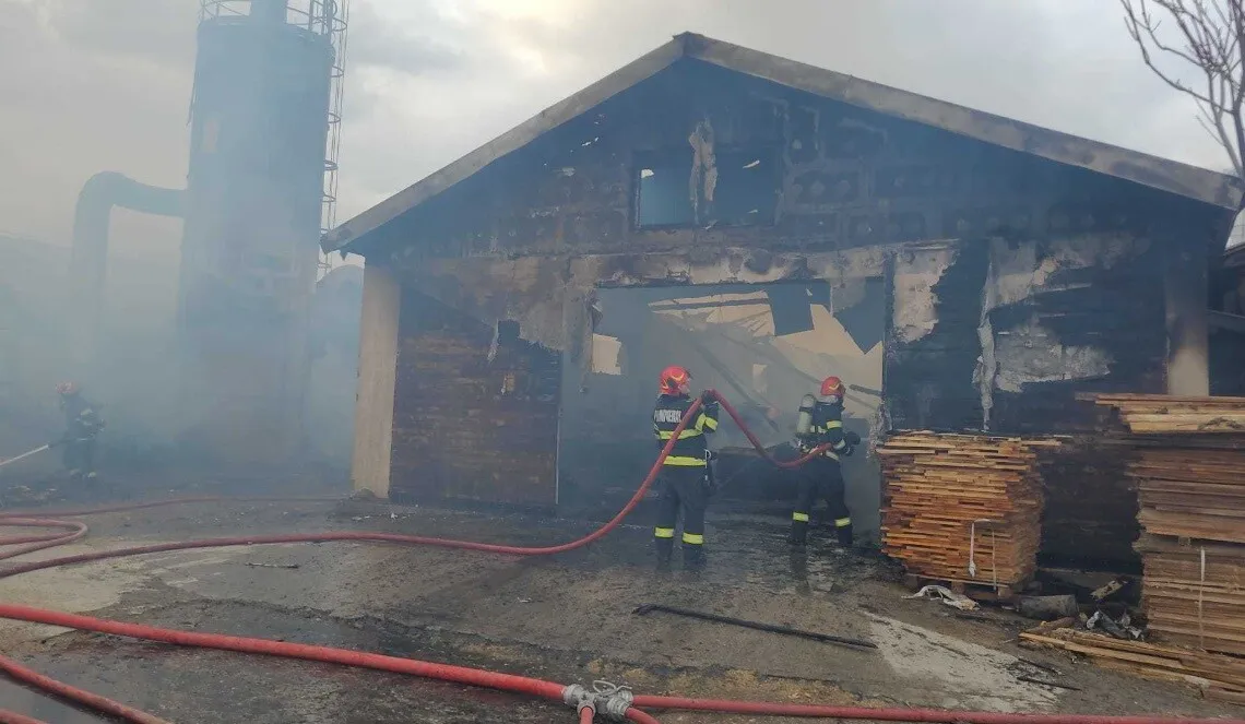Incendiu la o fabrică de cherestea: Trei hale afectate, alertă RO-Alert din cauza fumului dens
